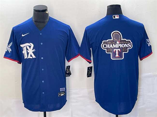 Mens Texas Rangers Royal 2023 World Series Champions Big Logo Cool Base Stitched Baseball Jerseys